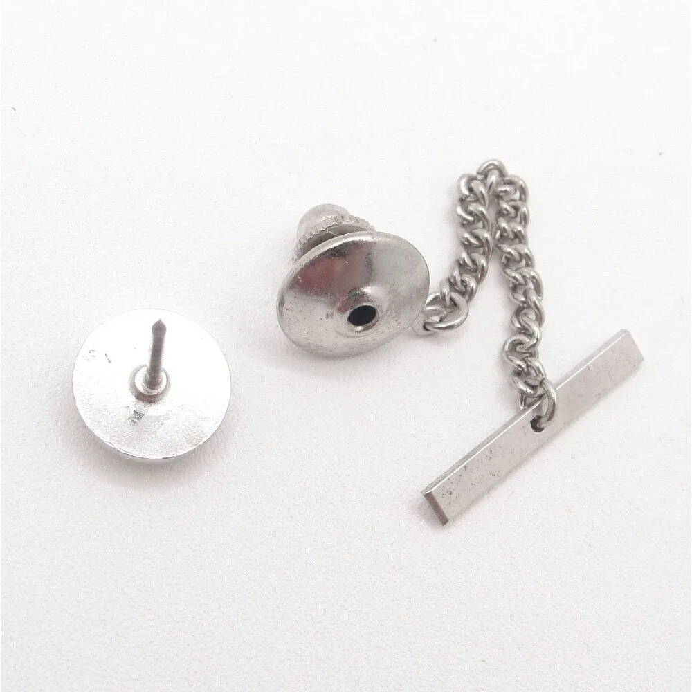 Vintage Silver Tone Faux Cat Eye Moonglow Lucite Tie Tack Pin With Bar Chain